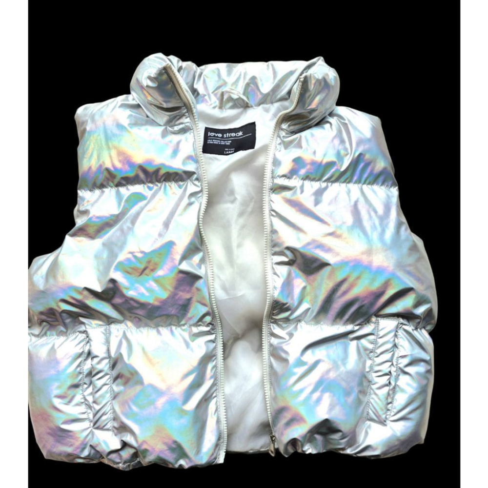Women's Large Love Shack Puffer Vest Streetwear Silver Haligraphic Reflect EUC